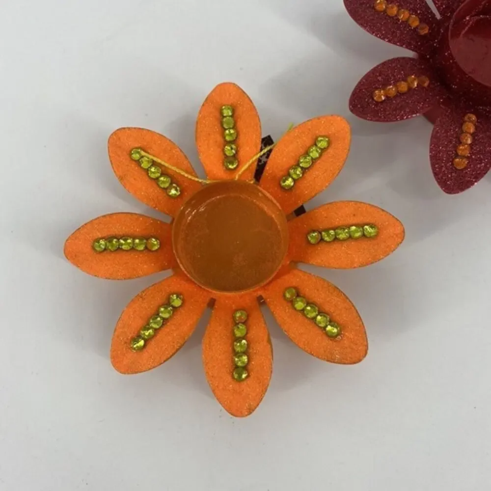 Lot Of 2 Red/orange Flower Tealight Holder With Glitter And Rhinestone Embellish